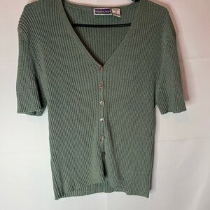 Northcrest Sage Button-Up V-Neck Short Sleeve  Sweater